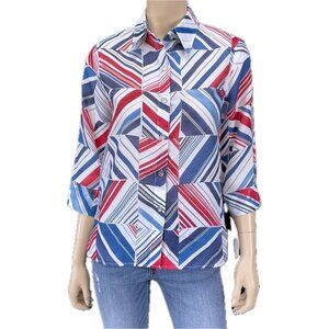 Alfred Dinner Women’s Button Down Shirt Shirt Sleeves Geometrical Blue Red L 14